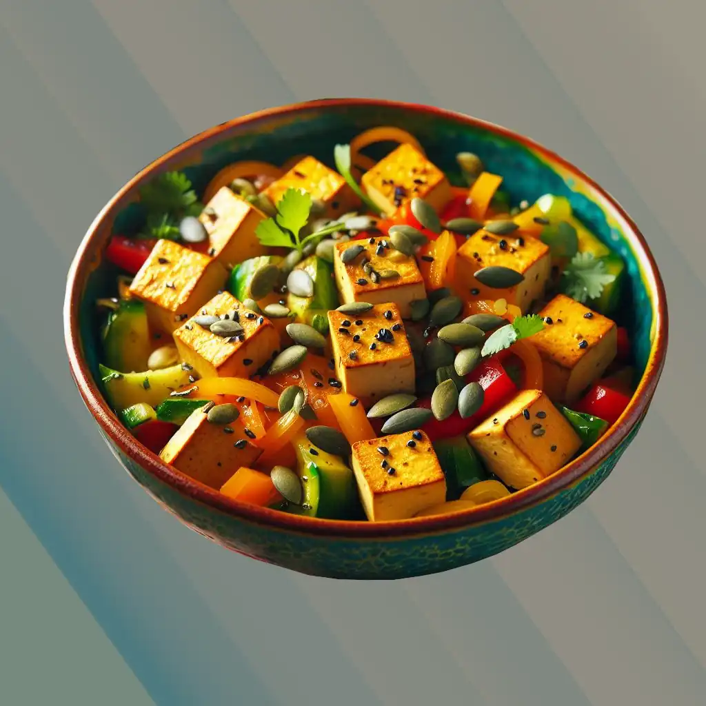 Tofu sautéé sain et délicieux avec bette à carde, graines de citrouille et saveurs aromatiques, parfait pour un repas végétarien nutritif.